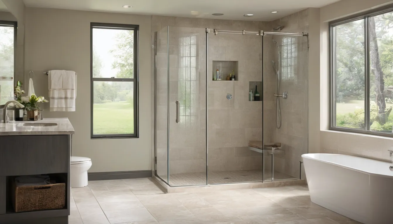 Modern walk-in shower with a low threshold and grab bar in a bright home bathroom in Lake St. Louis